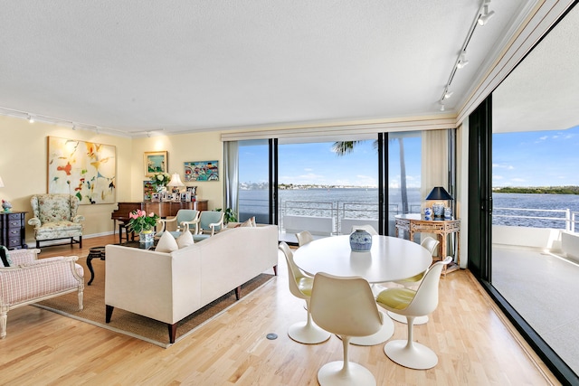 living room with floor to ceiling windows, a water view, light hardwood / wood-style floors, and track lighting