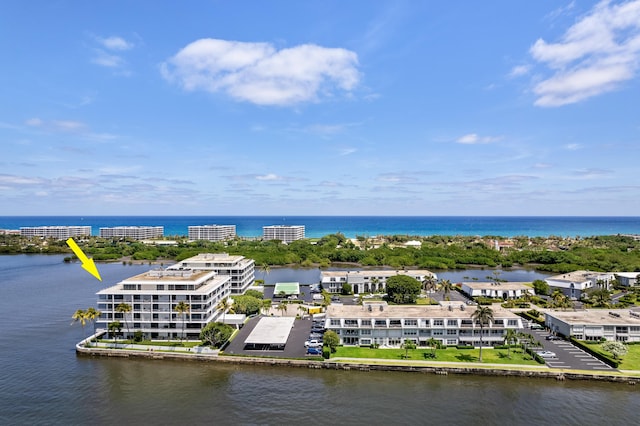 aerial view featuring a water view