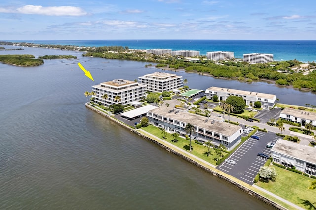 aerial view featuring a water view