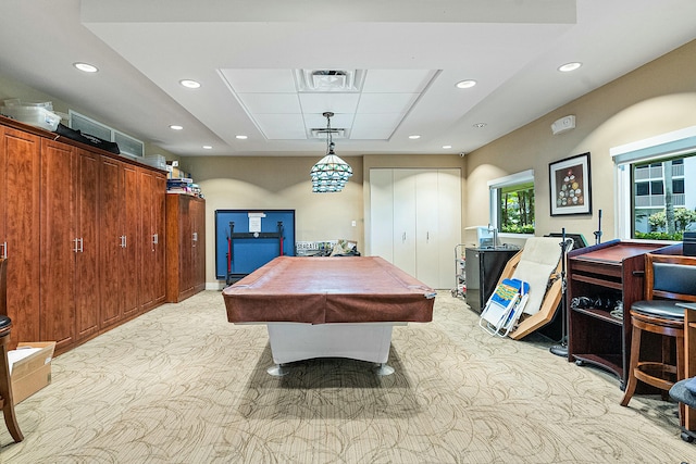 rec room with light colored carpet and billiards