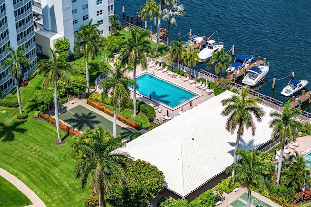 birds eye view of property featuring a water view