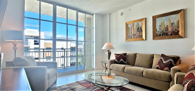 tiled living room with a wall of windows