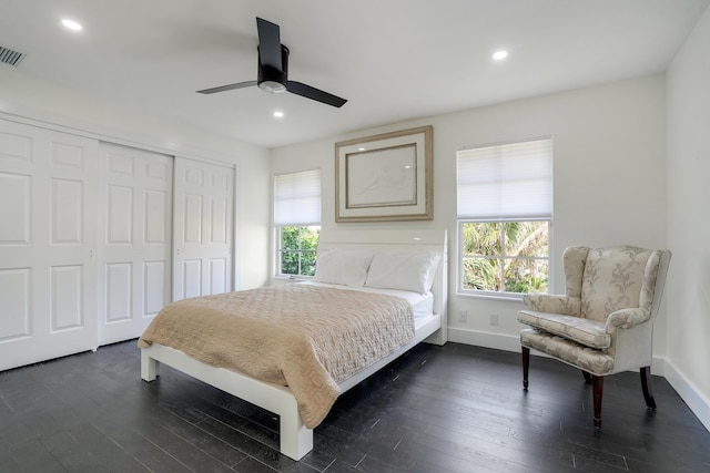 bedroom featuring multiple windows, ceiling fan, a closet, and dark wood-type flooring