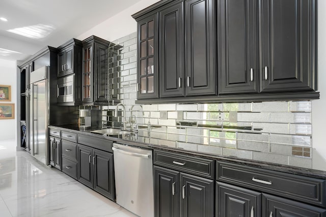 kitchen featuring dark stone counters, decorative backsplash, sink, and stainless steel dishwasher