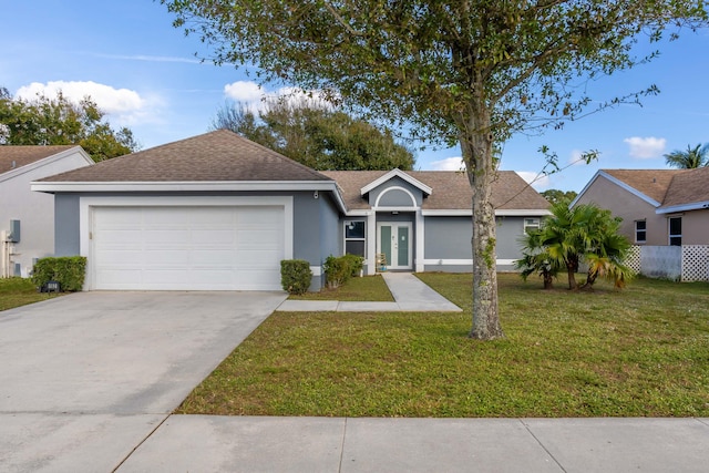 ranch-style home with a front yard, french doors, and a garage