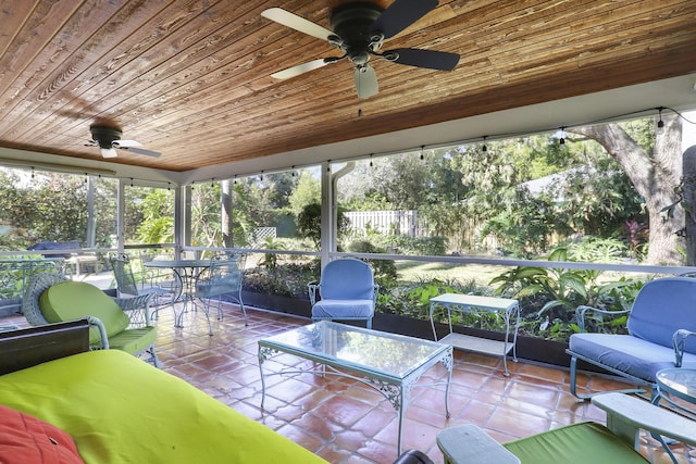 sunroom / solarium featuring ceiling fan and wooden ceiling