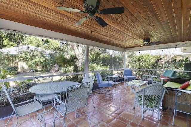 sunroom / solarium with ceiling fan and wooden ceiling