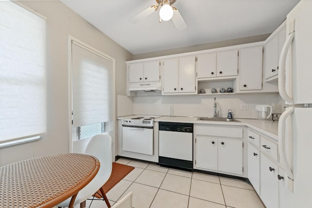 kitchen with white cabinetry, sink, ceiling fan, and white appliances