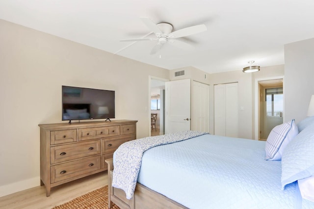 bedroom with ceiling fan and light hardwood / wood-style floors