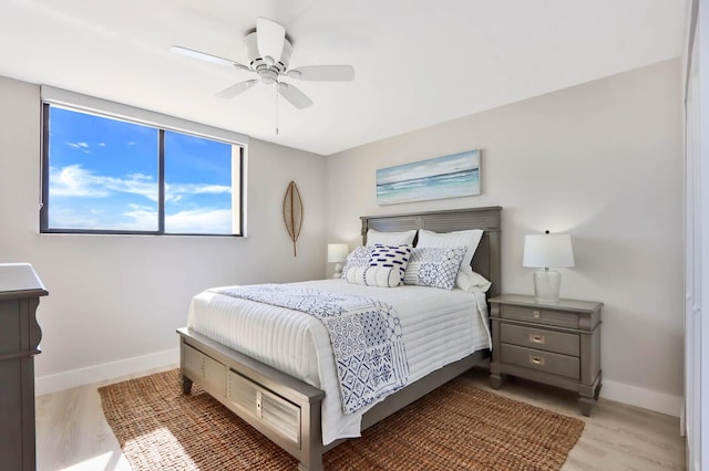 bedroom with ceiling fan and light hardwood / wood-style floors