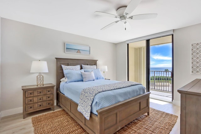 bedroom with ceiling fan, access to exterior, and light wood-type flooring