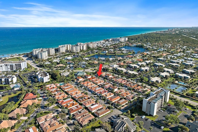 drone / aerial view featuring a water view