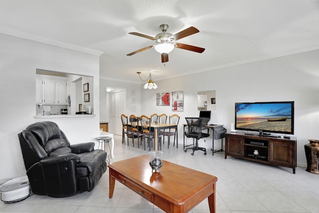 tiled living room with ceiling fan with notable chandelier and ornamental molding