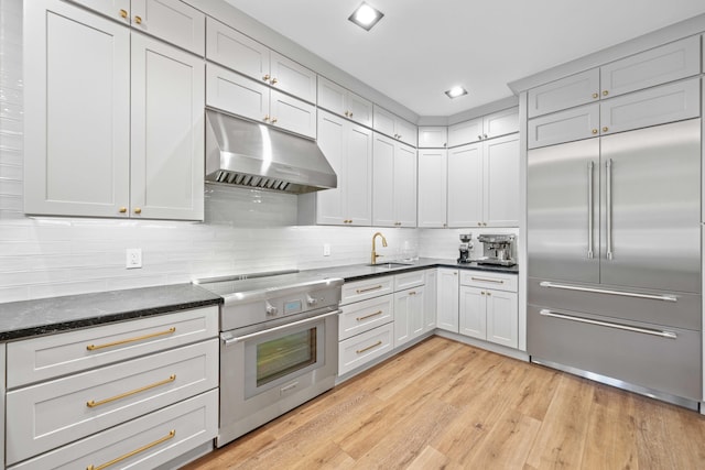 kitchen featuring sink, premium appliances, backsplash, dark stone countertops, and light hardwood / wood-style floors