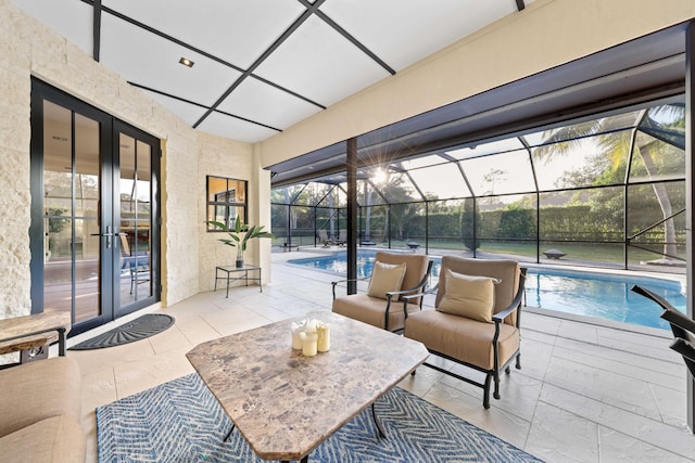 interior space with french doors and a pool