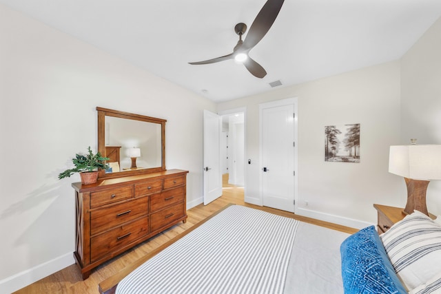 bedroom with ceiling fan and light hardwood / wood-style floors