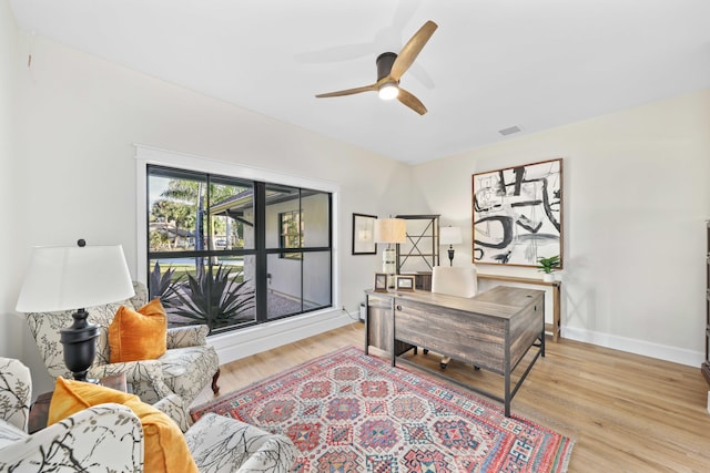 office area featuring ceiling fan and light hardwood / wood-style flooring