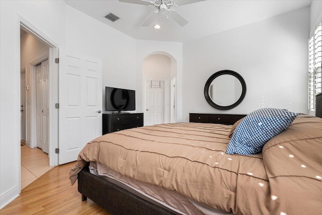 bedroom featuring ceiling fan and light wood-type flooring