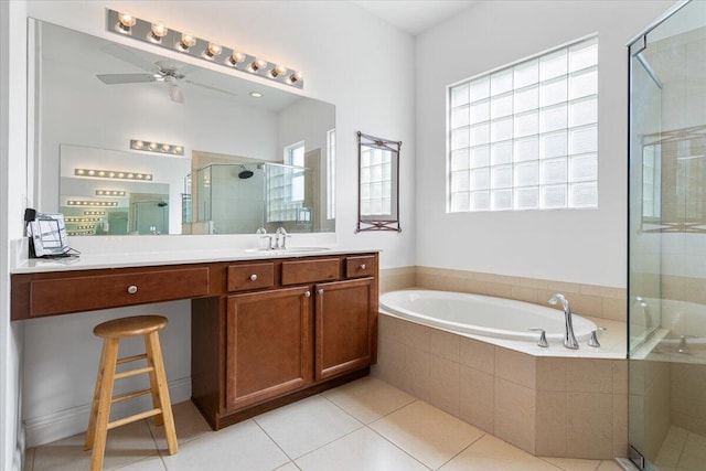 bathroom featuring separate shower and tub, vanity, tile patterned floors, and ceiling fan