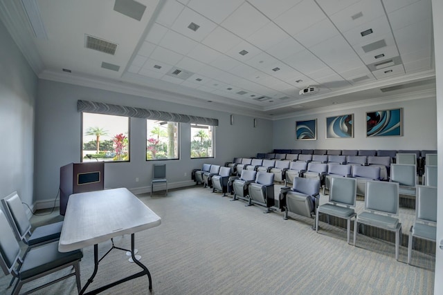 carpeted home theater room featuring a drop ceiling and ornamental molding