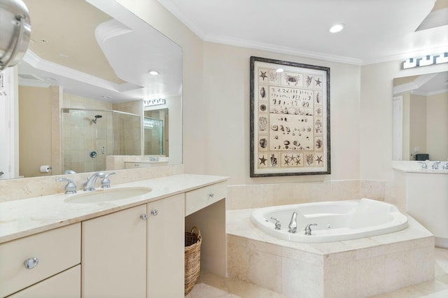 bathroom featuring vanity, tile patterned flooring, plus walk in shower, and ornamental molding