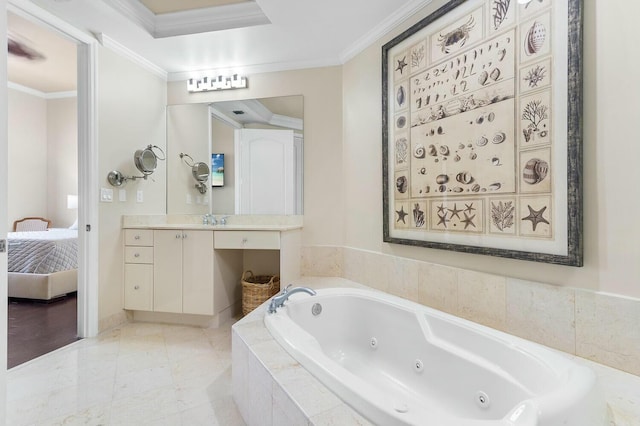 bathroom with a relaxing tiled tub, crown molding, and vanity