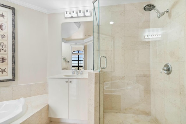 bathroom with vanity, crown molding, and plus walk in shower