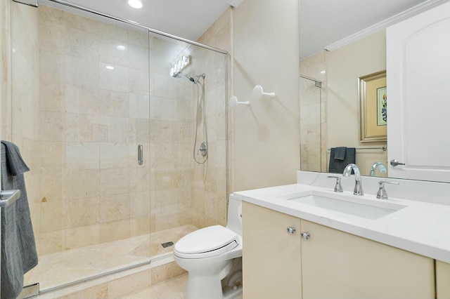 bathroom with tile patterned flooring, vanity, an enclosed shower, and toilet