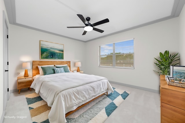 bedroom featuring light colored carpet, ceiling fan, and crown molding