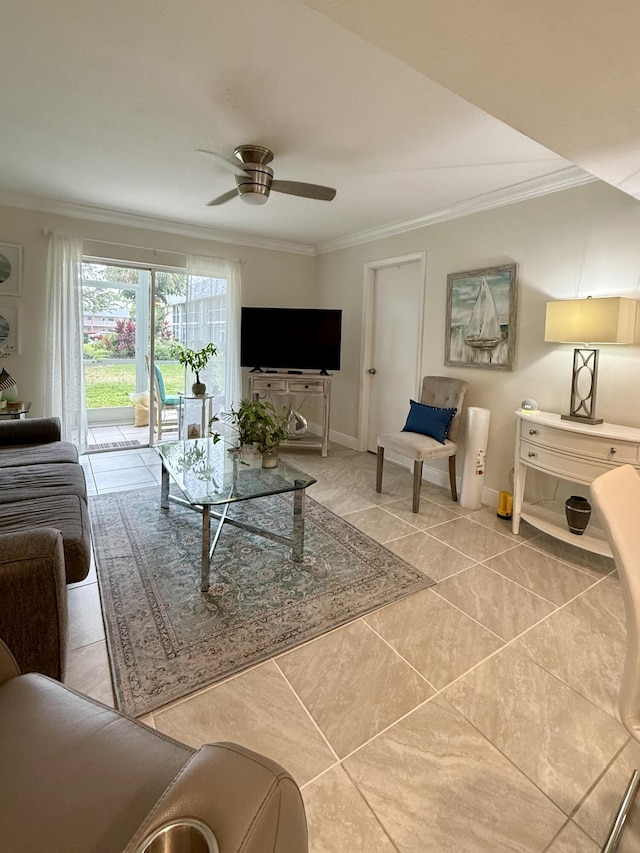 tiled living room with ceiling fan and ornamental molding