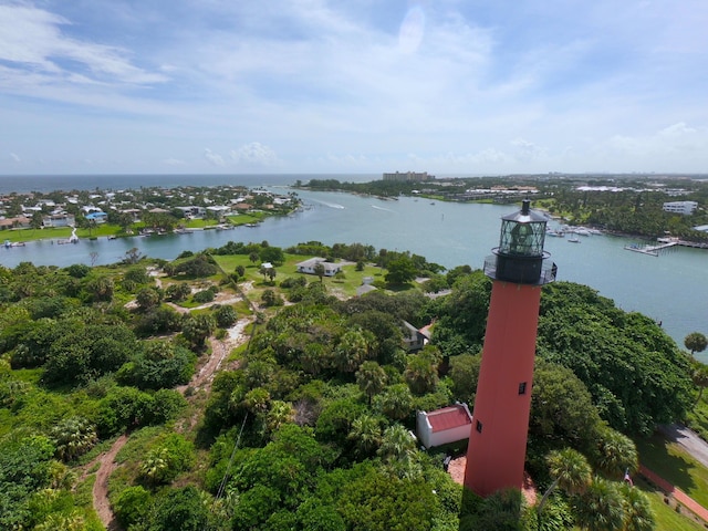 drone / aerial view featuring a water view