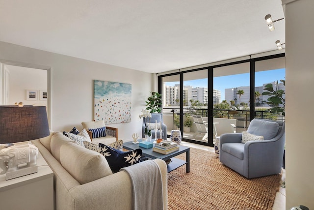 living room with a wall of windows