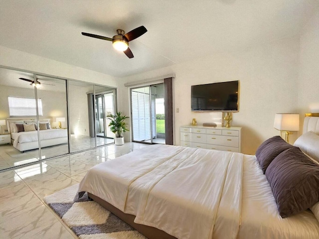 bedroom featuring access to exterior and ceiling fan