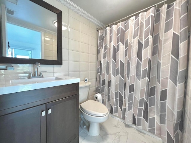 bathroom with crown molding, toilet, tile walls, walk in shower, and tasteful backsplash