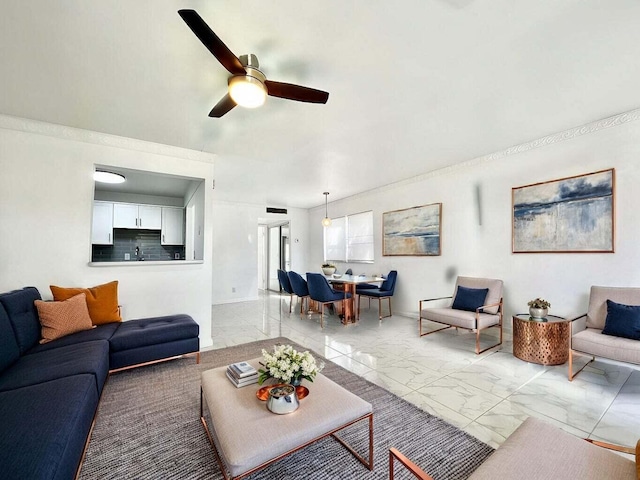 living room featuring ceiling fan