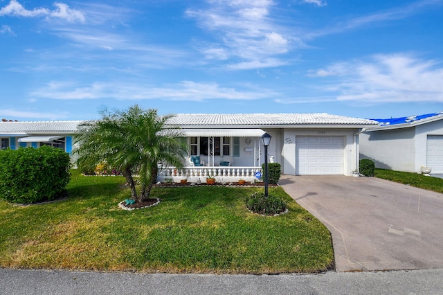 ranch-style house with a front yard and a garage