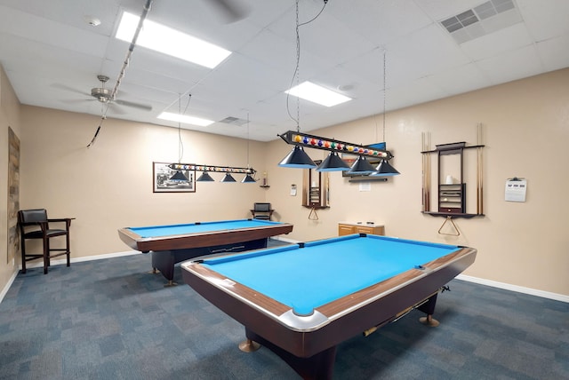 playroom with dark colored carpet, ceiling fan, a drop ceiling, and pool table