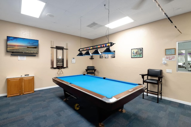 game room with dark carpet and pool table