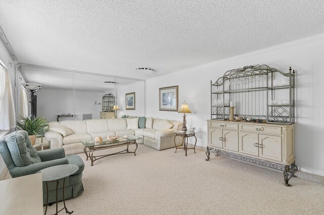 carpeted living room featuring a textured ceiling and ornamental molding