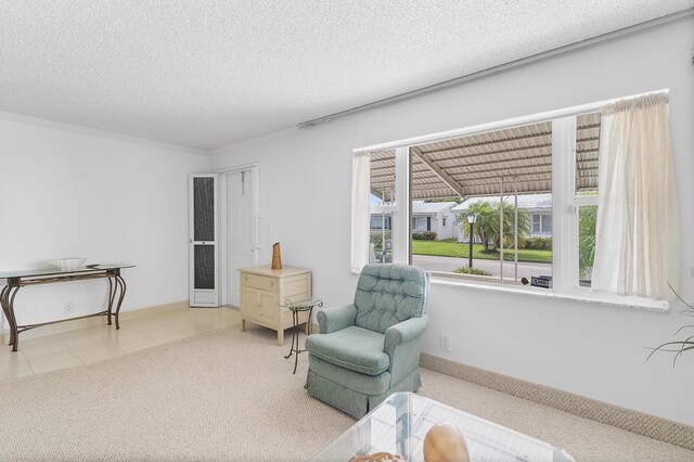 living room with crown molding, light tile patterned flooring, and a textured ceiling