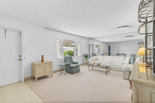 sitting room featuring a textured ceiling, crown molding, and light carpet