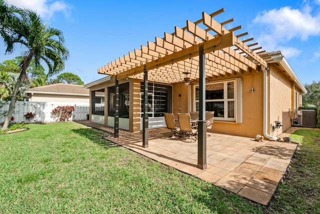 rear view of house featuring a sunroom, a pergola, a yard, central AC unit, and a patio