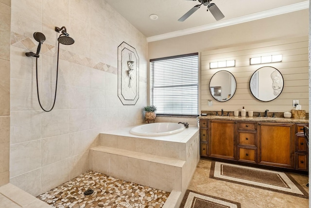 bathroom featuring vanity, independent shower and bath, ceiling fan, and crown molding