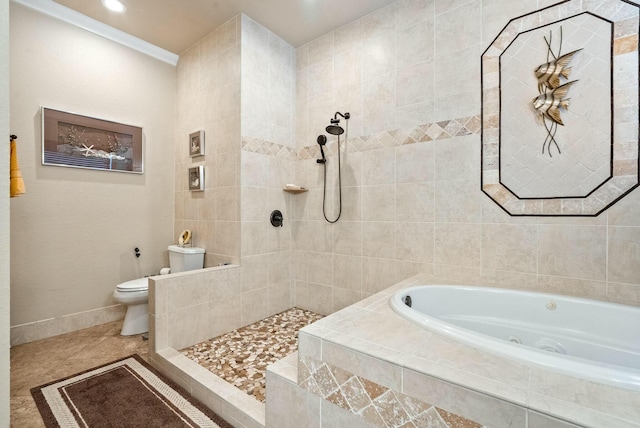 bathroom with tile patterned floors, toilet, ornamental molding, and independent shower and bath