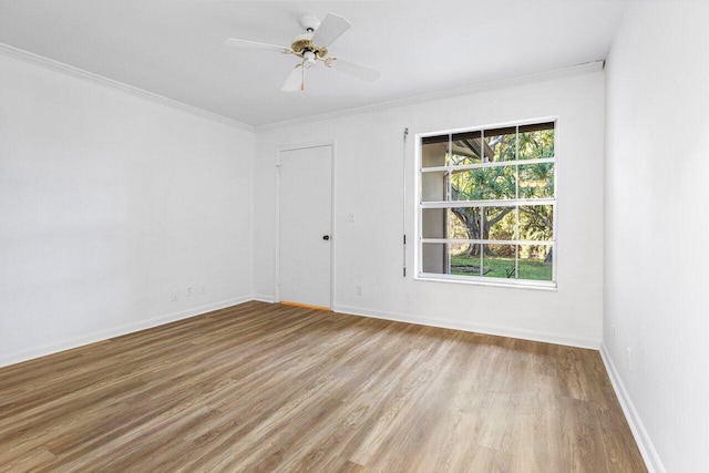 spare room featuring ceiling fan, light hardwood / wood-style floors, and crown molding