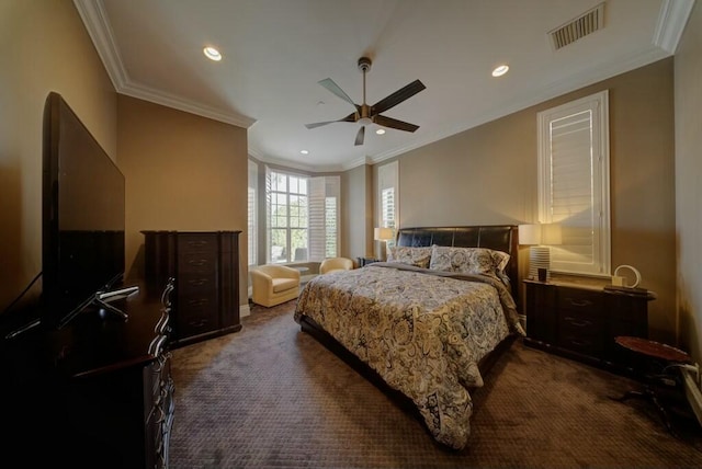 carpeted bedroom featuring ornamental molding and ceiling fan