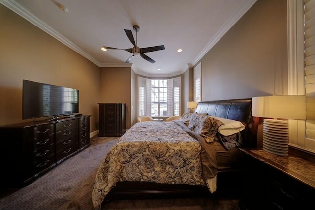 bedroom featuring ceiling fan, ornamental molding, and carpet flooring