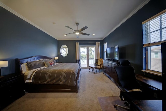 carpeted bedroom featuring crown molding, access to outside, ceiling fan, and french doors