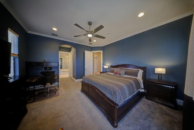 bedroom featuring ornamental molding, carpet, and ceiling fan