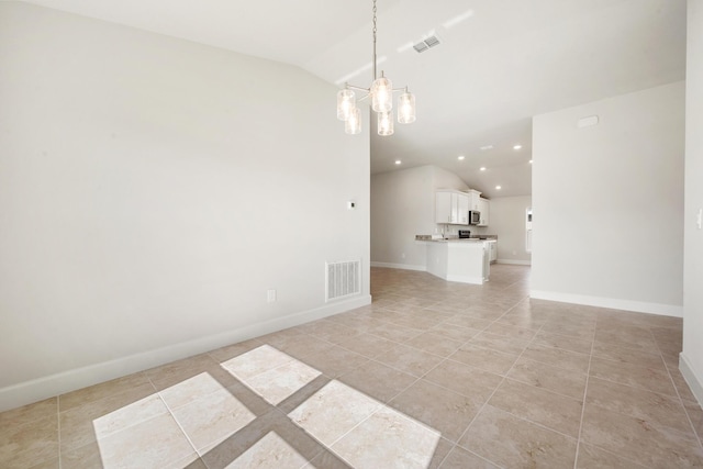 unfurnished living room featuring light tile patterned floors, lofted ceiling, and an inviting chandelier